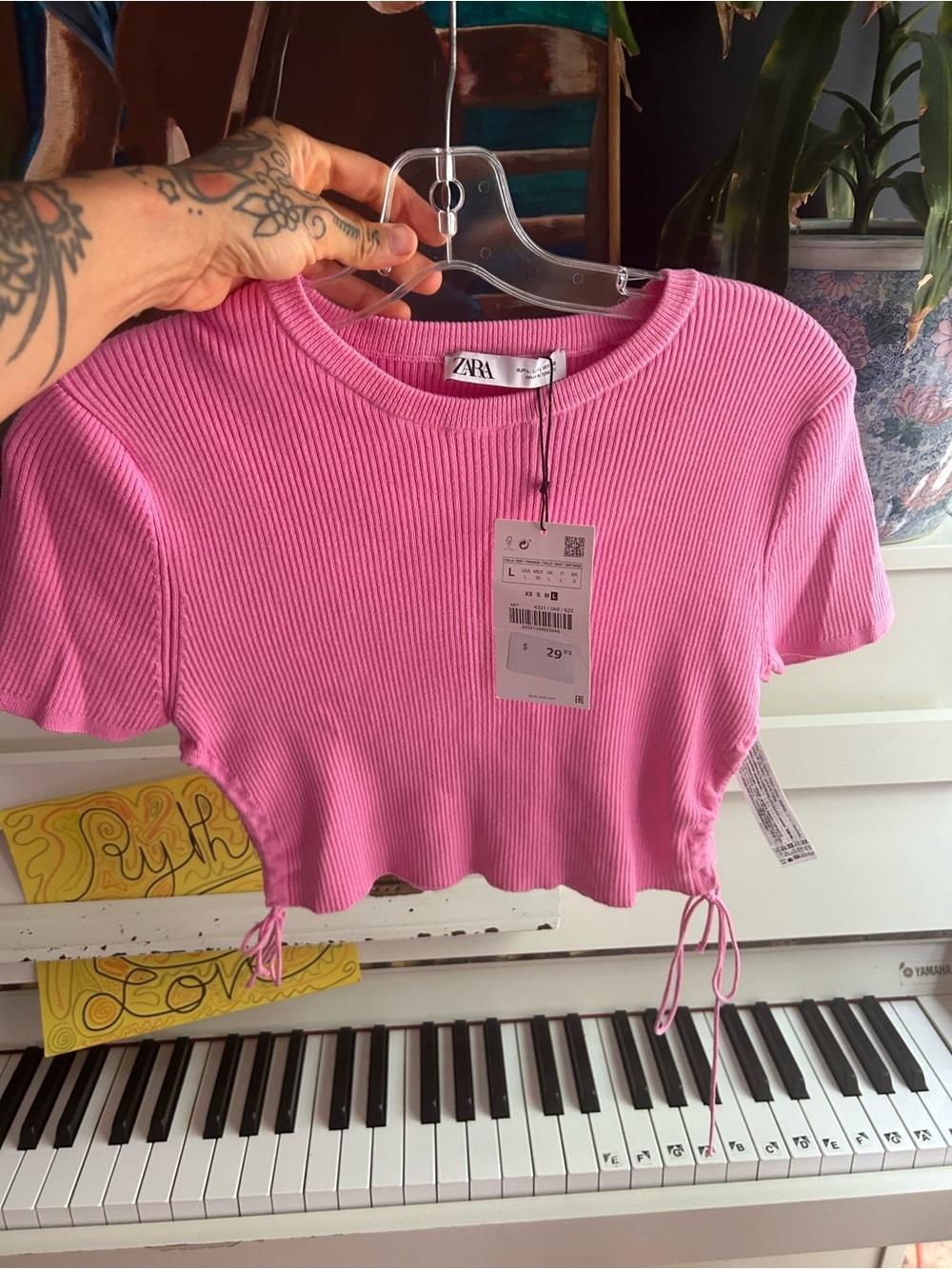 ZARA Hot Pink Ribbed Drawstring Crop Top Short Sleeve Y2K Women’s Small Tee - Picture 6 of 16